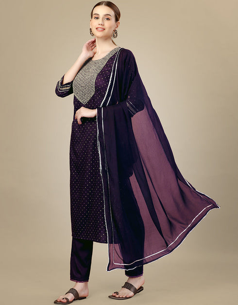 Traditional Function Wear Silk Blend Readymade Suit Collection Purple Silk Blend Pant Straight Close-up View